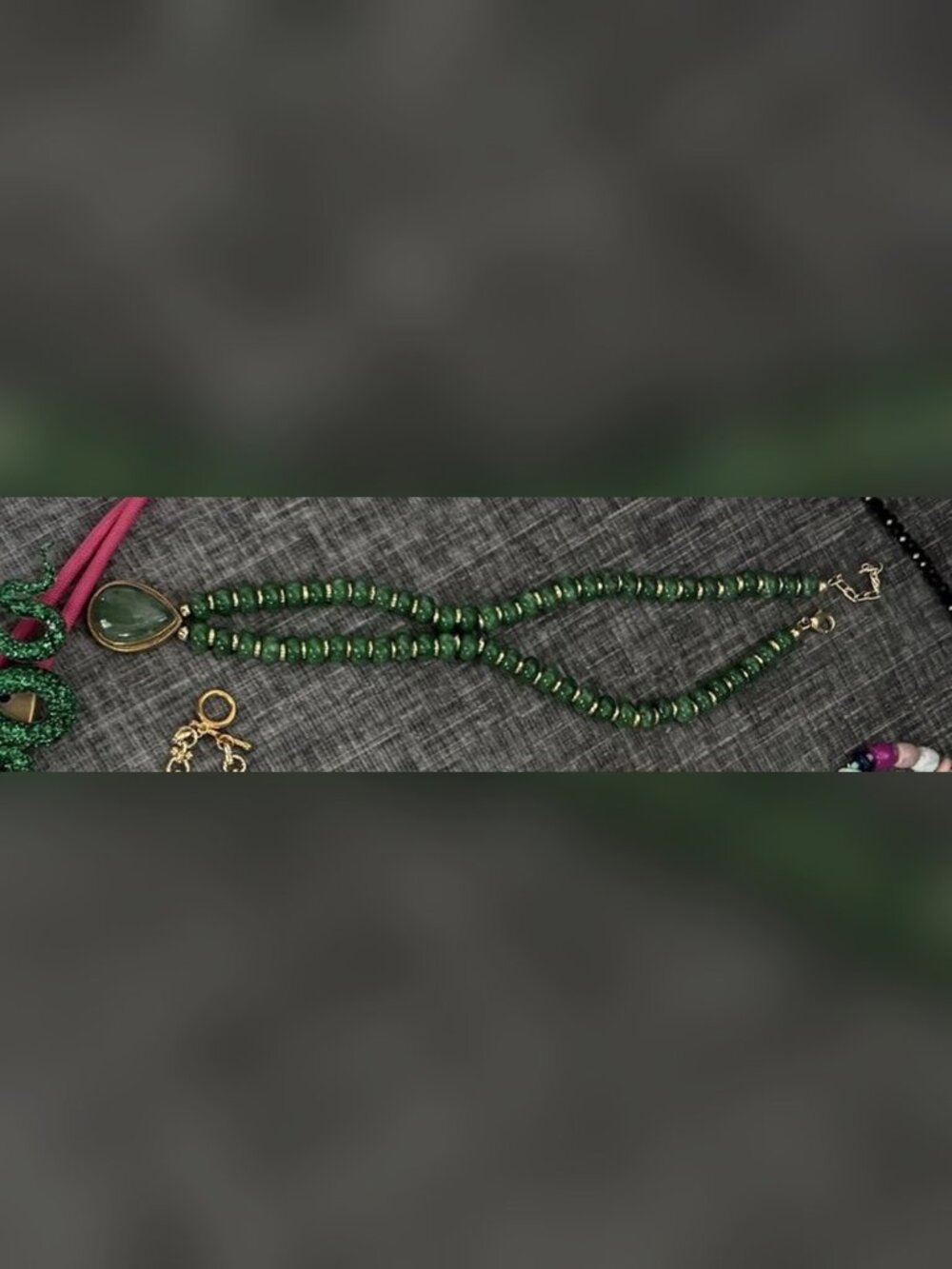 Double Strand Jade Bead Necklace with Teardrop Pendant